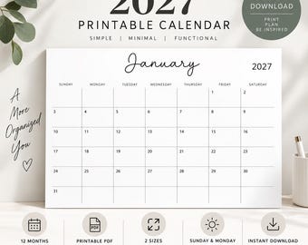 May include: A printable 2027 calendar page for January with a simple grid layout. The text reads PLAN A BRIGHTER YEAR 2027 PRINTABLE CALENDAR SIMPLE MINIMAL FUNCTIONAL. Includes icons for 12 months, PDF, 2 sizes A4 297x210mm and US Letter 11x8.5 inches.
