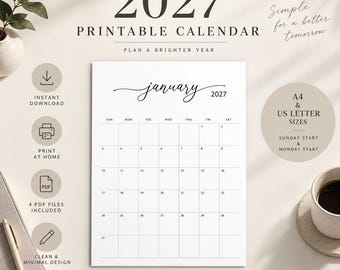 2027 Printable Calendar, Minimalist Monthly Calendar, Sunday  Monday Start, A4 & US Letter PDF, Instant Digital Download