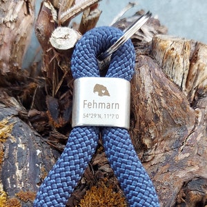 Keyring made of sailing rope / sailing rope, with silver-plated intermediate piece "Fehmarn", on request with mini pendant