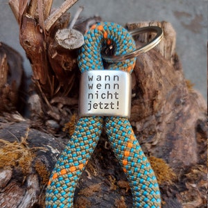 Key ring made of sailing rope / sailing rope, with a silver-plated connector "when if not now!" , with mini trailer on request