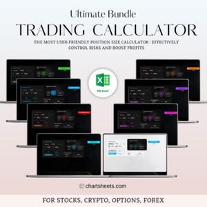 May include: A collection of laptop screens displaying a trading calculator spreadsheet in various color schemes. The text on the screen reads "Trading Calculator" and "The most user-friendly position size calculator. Effectively control risks and boost profits." The text at the bottom of the image reads "chartsheets.com" and "For stocks, crypto, options, forex."