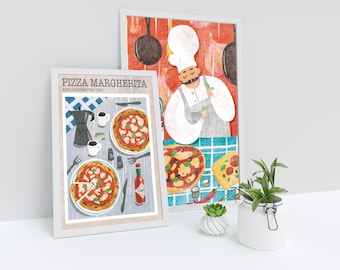 Pizza Poster, Food Print, Italian Food, Retro Poster, Housewarming Gift, Set of 2 prints