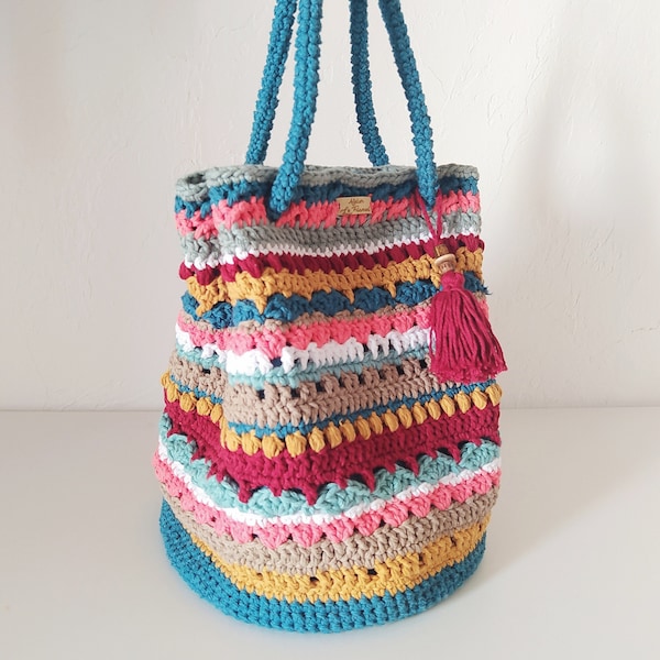 Sac au crochet panier anses cabas multicolore ethnique bohème