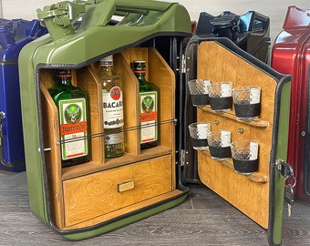 Spirits Mixers Glasses Bottles GREEN ASOC Metal Jerry Can Drinks Cabinet Mini Bar