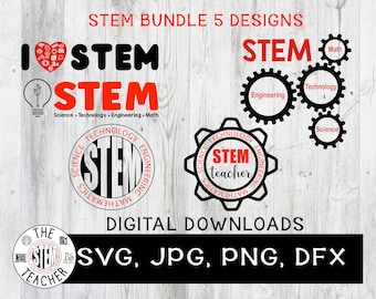 May include: A digital download bundle of five STEM designs. The designs feature the word "STEM" in various styles, including a heart, a lightbulb, and gears. The text "STEM Bundle 5 Designs" is at the top of the image. The text "SVG, JPG, PNG, DFX" is at the bottom of the image.