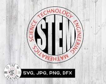 May include: A black and white circle with the word "STEM" in large letters in the center. The words "Science", "Technology", "Engineering", and "Mathematics" are written around the circle in red.
