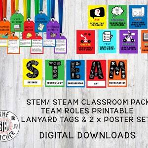 STEM / STEAM Classroom set team roles printable lanyard tags & Poster set | stem Classroom  | steam Classroom  | stream class |