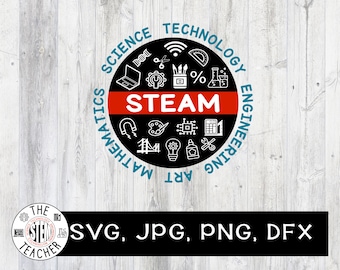 May include: A black and white circle with the word "STEAM" in red letters. The circle is surrounded by the words "Science, Technology, Engineering, Art, Mathematics" in a blue circle. The circle is on a white wood background. The text "SVG, JPG, PNG, DFX" is below the circle.