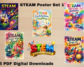 Set 2 de carteles STEAM / Arte mural imprimible creativo para aulas / Inspira innovación e imaginación / Descargas digitales STEAM en PDF