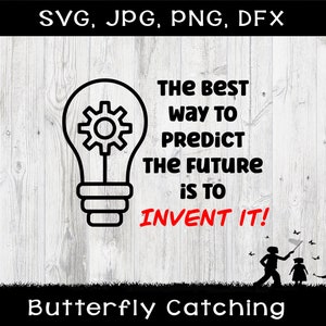 May include: Black and white graphic with a lightbulb and the text "THE BEST way to PREDICT THE FUTURE is TO INVENT IT!" on a white wood background. The text "Butterfly Catching" is at the bottom of the image.