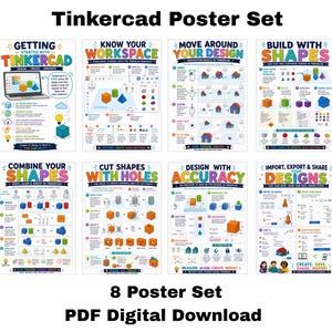 Op de afbeelding: Een set van acht educatieve posters genaamd Tinkercad Poster Set, met kleurrijke diagrammen en tekst voor het leren van 3D-ontwerp. Elke poster behandelt specifieke onderwerpen zoals werkruimtenavigatie, vormmanipulatie en ontwerpaccuratesse.