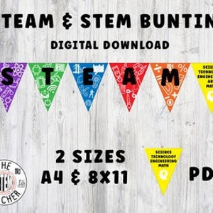 Puede incluir: Una pancarta de banderines imprimible colorida con la palabra "STEAM" en letras grandes. La pancarta está decorada con iconos de ciencia y tecnología. El texto "STEAM & STEM BUNTING" y "DIGITAL DOWNLOAD" está en la parte superior de la imagen. El texto "2 SIZES A4 & 8X11 PDF" está en la parte inferior de la imagen.