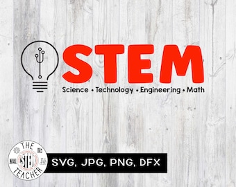 May include: A red STEM logo with the words "Science, Technology, Engineering, Math" below it. A lightbulb icon is to the left of the logo. The text "THE STEM TEACHER" is in a circle below the logo. The text "SVG, JPG, PNG, DFX" is below the circle.