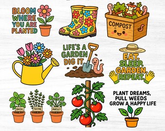 Pacchetto Clipart di Giardinaggio - 15 PNG luminosi con citazioni - Attrezzi da giardino, piante ed erbe aromatiche - Download digitale,