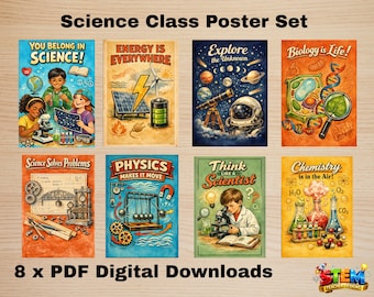 Conjunto de carteles para la clase de ciencias: 8 carteles STEM retro en acuarela / Descargas digitales en PDF