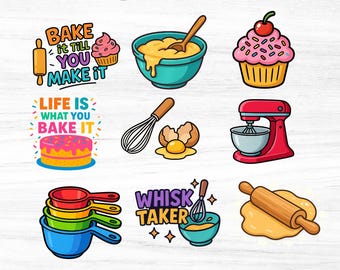 Bundle de cliparts pour cuisiner – 14 graphiques de cuisine lumineux avec citations – PNG transparents – autocollants de cuisine, conception de recette, clipart de planificateur