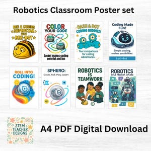 May include: A set of eight colorful classroom posters with robotics themes. The posters feature illustrations of robots, coding concepts, and the text "Robotics Classroom Poster set". The bottom of the image reads "A4 PDF Digital Download".
