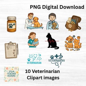 Veterinarian Clipart Pack | 10 Vet and Animal Care Digital PNG Images | Vet Tools, Pets, Stethoscope & More
