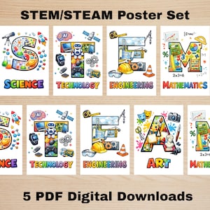 May include: A set of colorful STEM/STEAM posters. Each poster features a large letter representing a subject: Science, Technology, Engineering, Art, and Mathematics. The posters are decorated with related illustrations and the words for each subject.