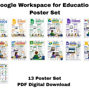 May include: A 13-poster set titled Google Workspace for Education Poster Set, featuring digital downloads for Google Docs, Slides, Sheets, Drive, Forms, Gmail, Drawings, Calendar, Classroom, Meet, Sites, Keep, and a summary poster with icons and text.