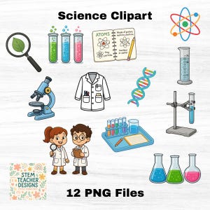 Science Clipart Bundle | 12 PNG Files | Primary Science Lab Equipment & Characters | STEM Teacher Digital Download