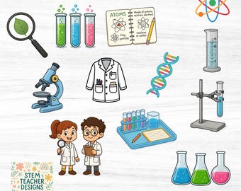 Paquete de imágenes prediseñadas de ciencias / 12 archivos PNG / Equipos y personajes de laboratorio de ciencias primarias / Descarga digital para profesores de STEM