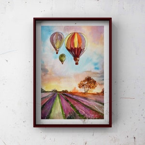 Originalbild Aquarell Malerei Landschaft ,Lavendel , Heißluftballon, Wanddeko, Handhemalt