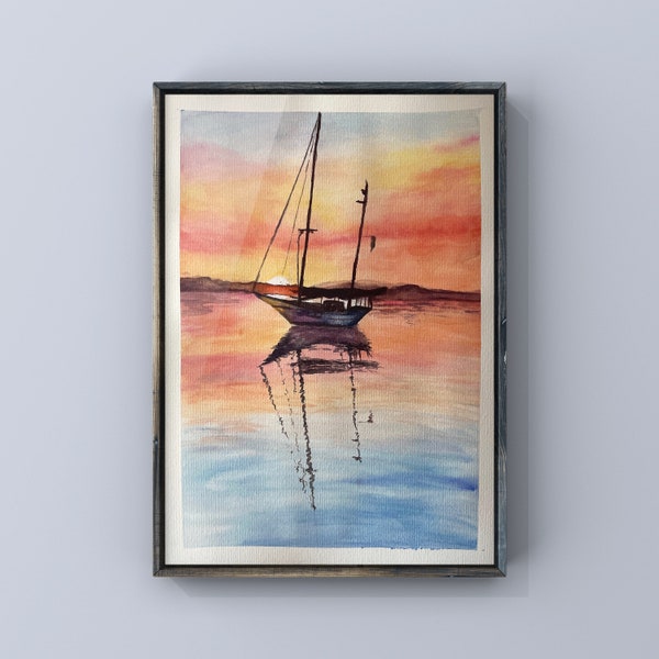 Original Aquarell Bild, Kunstwerk, Malerei , Sonnenuntergang , Meer, handgemalt