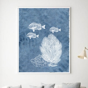 Blue Sketched Nautical Snapper School and Fan Coral Digital Downloadable Print