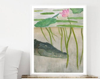 Crocodile in a Billabong Hand Painted Watercolour Digital Art