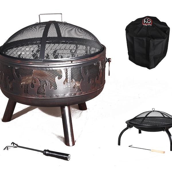 TAOTAO Texas Steel Fire Pit 60CM with Chromed grill + FREE rain cover + Free Dia.56cm Camping Fire pit(Grill, Folding Legs, Carry Bag)