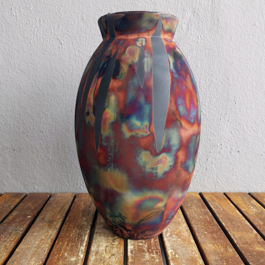 Large 13.5 Oval Vase 535 Raku Pottery Vintage Gifts Etsy