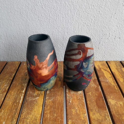 Tsuri 2 pack raku pottery vase • Carbon H. Copper Matte • UV Coat • birthday gift for her mom • home decor • shops wall art • ceramic decor vase