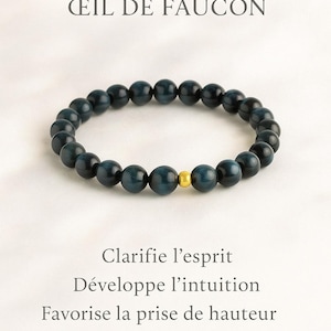 Men&#39;s 8mm Falcon&#39;s Eye Bracelet with Golden Bead - Mineral Jewelry - Protection, Clarity and Confidence