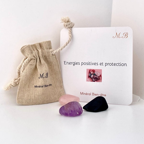 Energies positives et protection. Bien-être. Lithothérapie. Minéraux. Pierres roulées. Coffret cadeau.