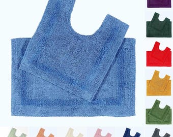 Luxury Reversible 100% Cotton Bath & Pedestal Mat Set – Super Absorbent, Soft, Tufted, Eco-Friendly, Machine Washable, 50x80cm and 50x55cm