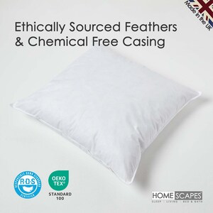 May include: A white pillow with a white casing. The pillow is made with ethically sourced feathers and is chemical free. The pillow is certified by the Responsible Down Standard (RDS) and Oeko-Tex Standard 100. The pillow is made in the UK.
