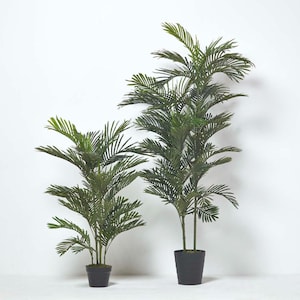 May include: Two artificial palm trees in black pots against a white backdrop. The trees feature multiple green fronds and slender trunks. The pots are dark and cylindrical, providing a stable base for the plants. The overall aesthetic is clean and modern, suitable for indoor decor.