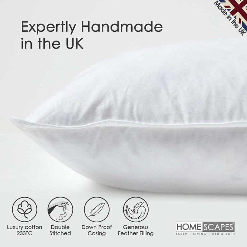 May include: A white pillow with a white cotton cover. The pillow is expertly handmade in the UK. The pillow is made with a down-proof casing and a generous feather filling. The pillow is double stitched for durability. The pillow is made with 233TC luxury cotton.