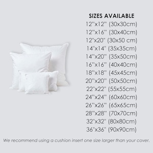 May include: A guide to cushion insert sizes in inches and centimeters. The sizes range from 12 inches by 12 inches to 36 inches by 36 inches. The text recommends using a cushion insert one size larger than the cover.