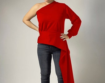 Red One Sleeve Asymmetric Blouse Top, Cold Shoulder Extravagant Top, Open Shoulder Blouse, Flared Women Top Blouse, Avant Garde, Christmas