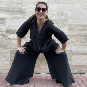 Black Linen Palazzo Jumpsuit, Zipper Wide Leg Overalls, Drop Crotch Linen Jumpsuit, Loose Women One Piece , Plus Size