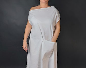 Maxi Linen One Shoulder Dress, Oversize Asymmetric Off Shoulder Dress, Long White Kaftan Dress, Plus Size Linen Clothing For Women