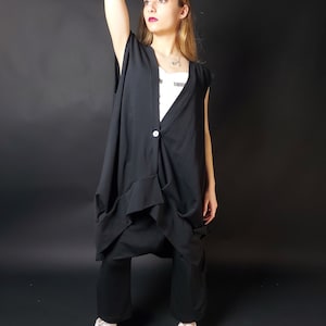 Two Piece Women Cotton Set, Black Sleeveless Boho Vest And Harem Baggy Pants, Plus Size Clothing, Avant Garde, 2X 3X 4X Gothic
