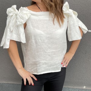 Off Shoulder Linen Top, Sleeveless Cold Shoulder Top, White Loose Flax Shirt, Women Linen Blouse, Plus Size Clothing, Summer Top