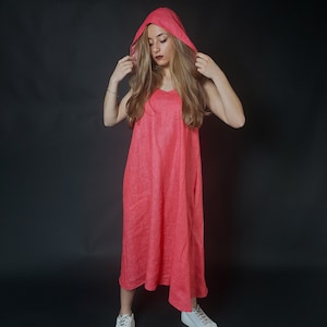 Hooded Cold Shoulder Linen Dress, Red Midi Tunic Dress, Loose Summer Flax Dress, Oversized Boho Festival Dress, Plus Size