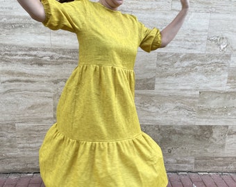 Yellow Linen Maxi Dress, Flowy Tiered Oversized Dress, Ruched Casual Summer Dress, 2X 3X 4X Plus Size Casual Dress, Draped Sundress