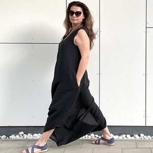 Loose Linen Baggy Overalls, Black Drop Crotch Jumpsuit, Wide Leg Flax Coverall, 2X 3X 4X Summer Harem Jumpsuit, Plus Size Boho