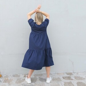 Fließendes abgestuftes übergroßes Kleid, Maxi-Blau drapiertes Kleid, gerafftes Sommer-Baumwollkleid, 2X 3X 4X Loses Kleid, Übergröße, Ästhetische Kleidung