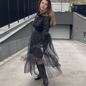 Shirt Dress With Tulle Skirt, Black Tutu Tunic Dress, Cotton Collar Dress With See Through Skirt, Birthday Dress, Plus Size Clothing